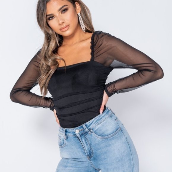 Chic Simplicity Black Mesh Sleeve Bodysuit - Picture 7 of 8